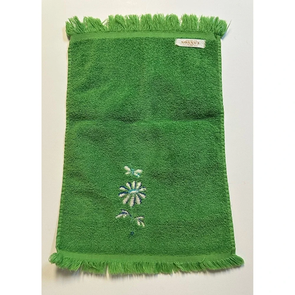 Vtg Retro Hand Towel Velour / Terry Cloth Sides Green Blue Floral Butterfly